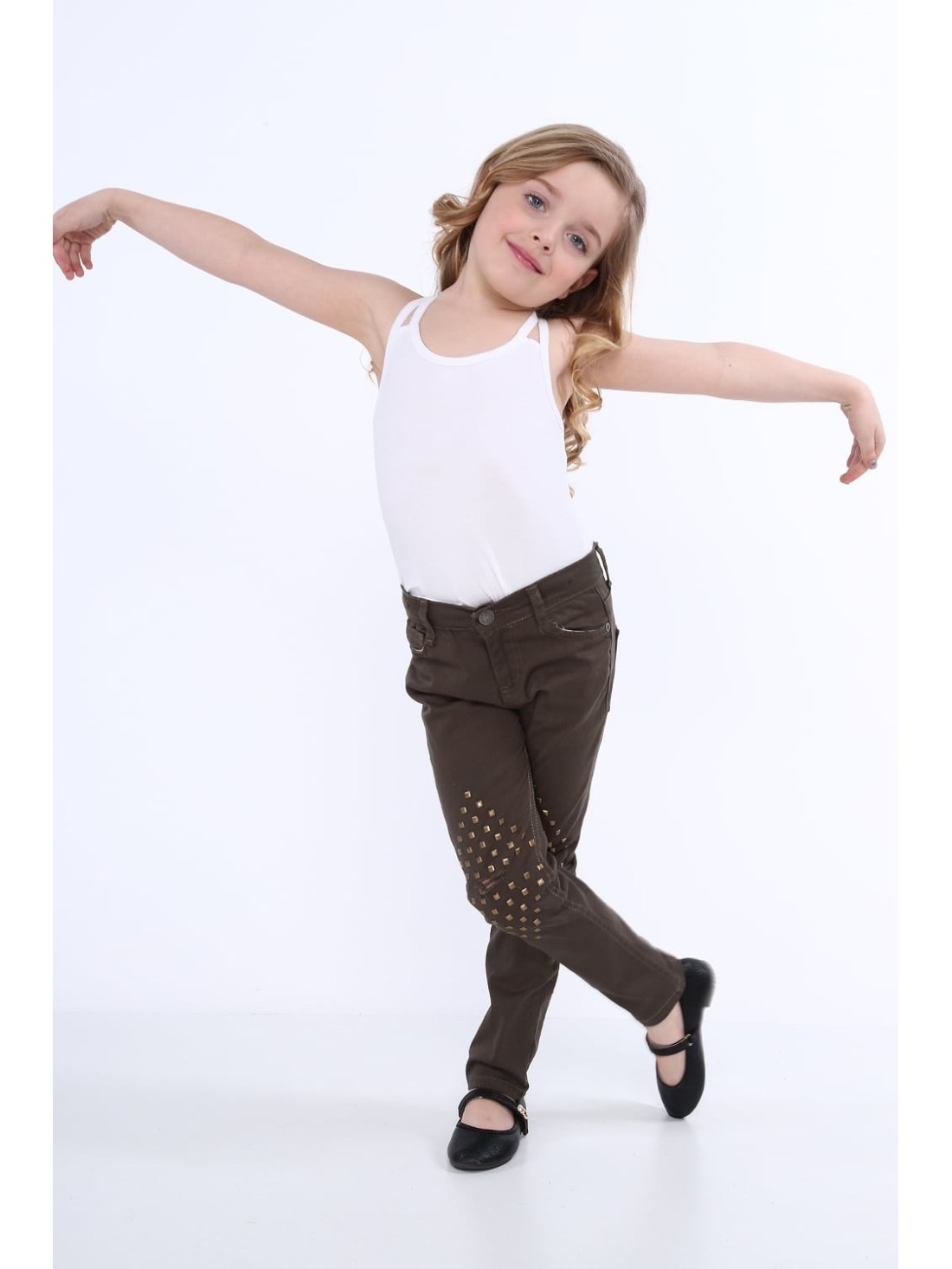 Girls\' trousers with flat studs, khaki NDZ310 - Online store - Boutique